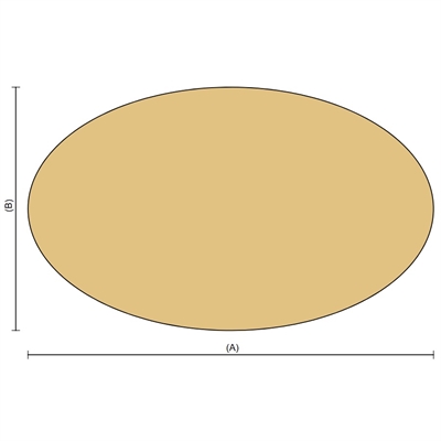 Oval faconskåret plade i lys træfarve med mållinjer for bredde og højde